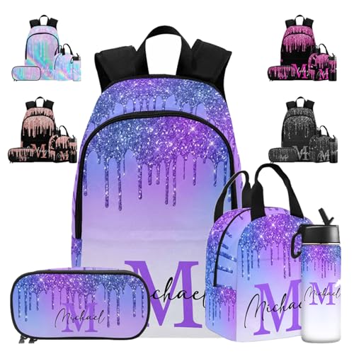 Customize Name Casual School Backpack for Kids, Personalized Gradient Blue & Purple Glitter Schoolbag Shoulder Bag Custom Lunch Box Bag Travel Daypack for Students Boys Girls Back School Gifts Picnic - color: Multi 11