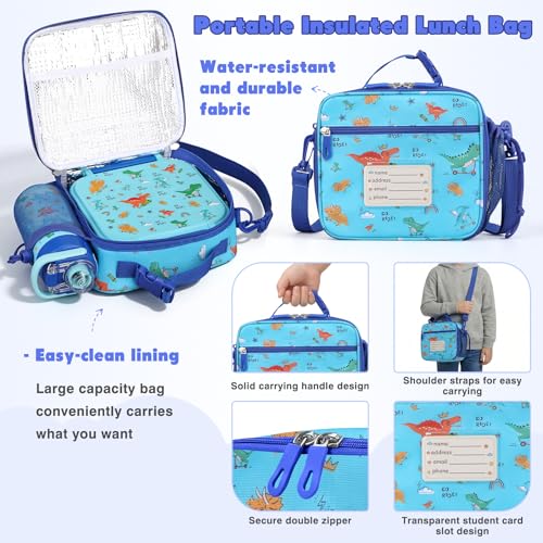 Bento Lunch Box for Kids with 7oz Soup Thermo,Insulated Stainless Steel Kids Water Bottle with Straw and Insulated Lunch Bag,Leak-Proof Lunch Food Container with Ice Pack for School(Blue-Dinosaur) - color: Blue-Dinosaur