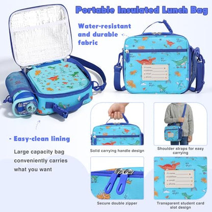 Bento Lunch Box for Kids with 7oz Soup Thermo,Insulated Stainless Steel Kids Water Bottle with Straw and Insulated Lunch Bag,Leak-Proof Lunch Food Container with Ice Pack for School(Blue-Dinosaur) - color: Blue-Dinosaur