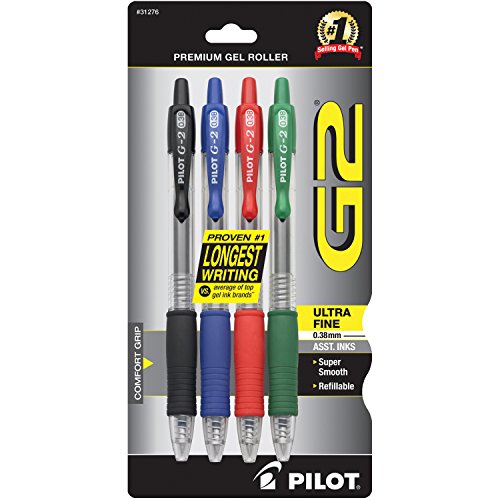 Pilot G2 Premium Refillable and Retractable Rolling Ball Colored Gel Pens, Ultra Fine Point, 0.38 mm, Assorted Color Inks, 4-Pack Assorted - size: 4-Pack Assorted