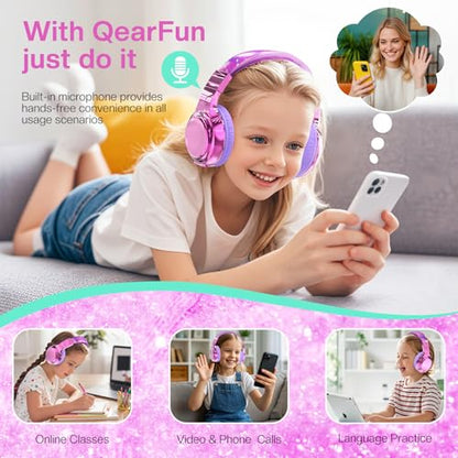 QearFun Kids Bluetooth Headphones, 60H Playtime, 74/85/94dB Safe Volume Limit, Metallic Gradient Wireless Headset with HD Mic, Fast Charging, Foldable, Wired 3.5mm Mode for School/Tablet/Travels - color: A-Purple