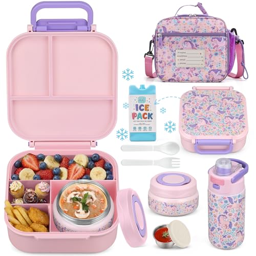 Bento Lunch Box for Kids with 7oz Soup Thermo,Insulated Stainless Steel Kids Water Bottle with Straw and Insulated Lunch Bag,Leak-Proof Lunch Food Container with Ice Pack for School(Pink-Horse) - color: Pink-Horse