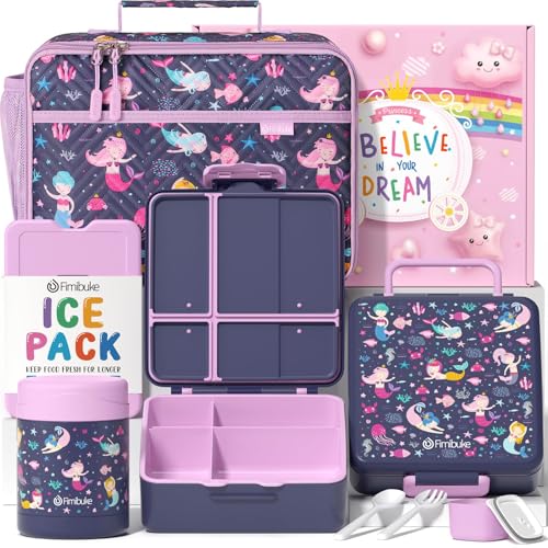 Fimibuke Kids Bento Snack Lunch Box with Thermo Insulated Toddler Lunch Bag | Lunch Box Kids with 4 Compartment, Food Jar, Ice Pack, Utensils, Birthday Gifts for Ages 3-12 Back to School Toddler Girl Boy - color: A5.Mermaid