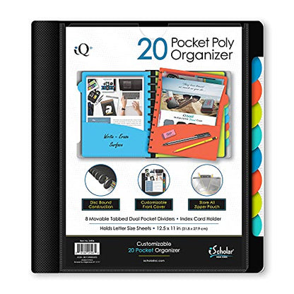 iScholar iQ+ 20 Pocket Folder with Zipper Pouch, Black (34906-BK) - color: Black, size: 20 Pocket