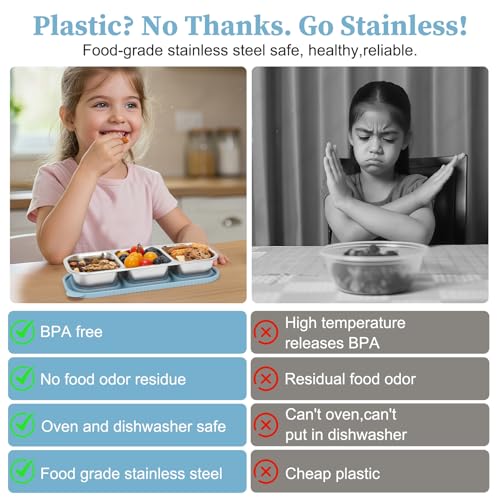 3 Compartment Stainless Steel Snack Containers. | Reusable Snackle Box Container with Leakproof Lids Metal Bento Lunch Boxs Food Storage Containers for Travel Picnics Office - color: 01-BL