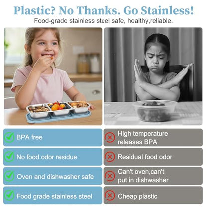 3 Compartment Stainless Steel Snack Containers. | Reusable Snackle Box Container with Leakproof Lids Metal Bento Lunch Boxs Food Storage Containers for Travel Picnics Office - color: 01-BL
