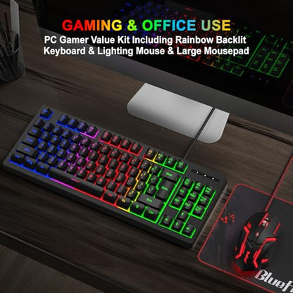 RGB 87 Keys Gaming Keyboard and Backlit Mouse Combo,BlueFinger USB Wired Rainbow Keyboard,Gaming Keyboard Set for Laptop PC Computer Game and Work - color: Black 01
