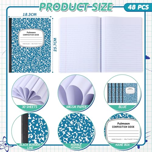 Fulmoon 48 Pcs Composition Notebook Bulk Wide Ruled Hard Cover Notebook 30 Sheets/60 Pages for School College Journal Writing Programs Art Recipes 10.12 x 7.2 Inch, Blue - color: Blue, style: Wide Ruled