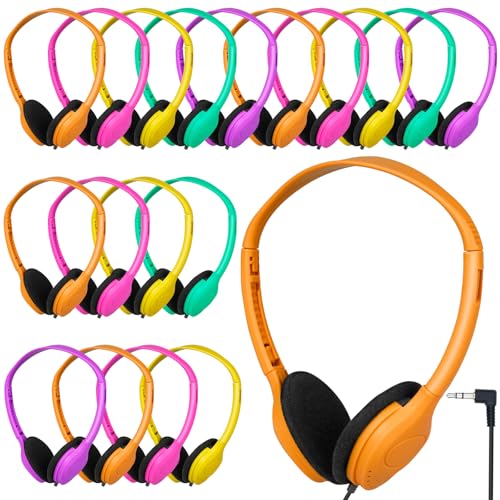 Class Set Headphones for Kids Students School Classroom 20 Pack | Bulk Headphones for Kids Adjustable with 3.5 mm Jack for Library Children Mixed Colors