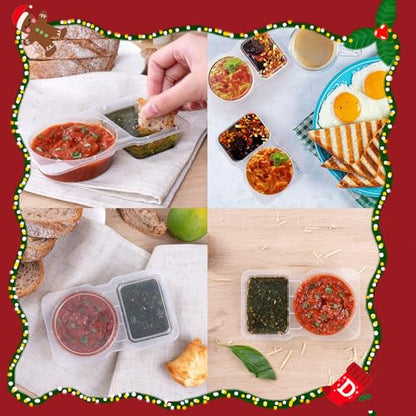 VOUKEN 10Pcs Double Compartment Condiment Container with Lid Double Compartment Snack Containers Double Compartment Snack Containers for to-go Sauce, Sampling, Travel Snack (Transparent 10PCS) - color: Transparent 10PCS