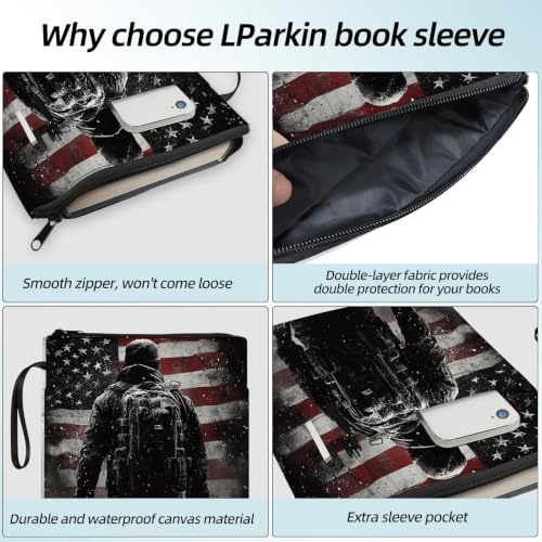 Padded Book Sleeve with Zipper & Front Pocket, Fabric Book Cover | US Flag Astronaut Soldier11.4"x8.7" Washable Canvas Pouch for Hardcovers, Tablets & Reading Accessories - color: Us Flag Astronaut Soldier
