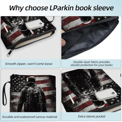 Padded Book Sleeve with Zipper & Front Pocket, Fabric Book Cover | US Flag Astronaut Soldier11.4"x8.7" Washable Canvas Pouch for Hardcovers, Tablets & Reading Accessories - color: Us Flag Astronaut Soldier