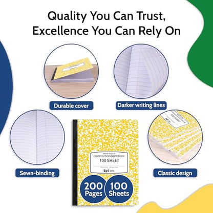 48 Pack - EPI Wide Ruled Marble Composition Notebook - Yellow 200 Page Note Book - 9.75 x 7.5 Inch Hardcover Journal with Sewn Binding for Secure Pages - Classroom Back to School Supplies - color: Yellow, size: 48