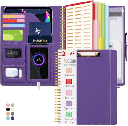 Purple Foldable Spiral Clipboard Folio with Storage Zipper Pouch, 5 Plastic Folders with Pockets,Refillable Lined Notepad (8.5" x 11"), Hardcover Project Organizer with 36 Stickers - color: Purple