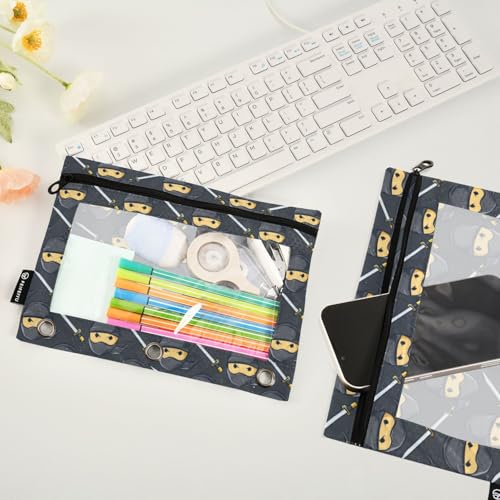 Binder Pencil Pouches Ninja Pattern Pen Case Black | Clear Window 3 Rings, Cosmetic Bags School Office Supplies Cosmetic Makeup Bag 2 Psc - color: Multi-ninja