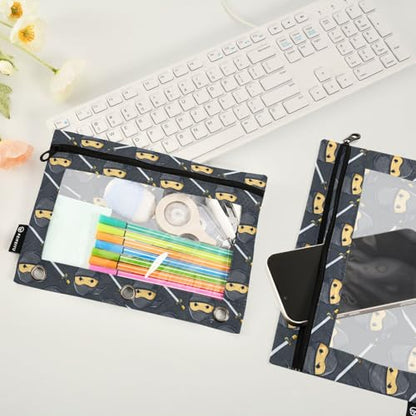 Binder Pencil Pouches Ninja Pattern Pen Case Black | Clear Window 3 Rings, Cosmetic Bags School Office Supplies Cosmetic Makeup Bag 2 Psc - color: Multi-ninja