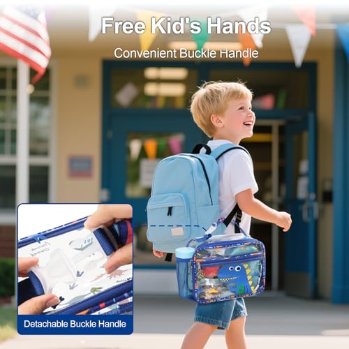 Bagseri Clear Kids Lunch Bag - School Snack Bag with Bottle Holder | Side Pocket, Buckle Handle, Wide Opening, PEVA Lining, School Boys Lunch Box, Clear Toy Bags, Blue Dinosaur - color: B-blue cute dinosaur