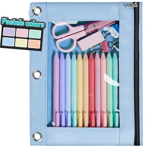 Forvencer Pencil Pouch for 3 Ring Binder, Pastels Pencil Case with Smooth Zipper, Cute Soft Pen Bag with Clear Window & 3 Reinforced Grommets, Big Capacity Binder Bag, School Office Supplies, Blue - color: Blue