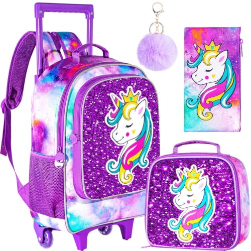 3Pcs Rolling Backpack for Girls, Kids Unicorn Roller Bookbag with Wheels, Wheeled School Bag Set for Elementary - Purple - color: Unicorn Purple