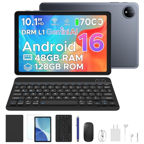 P10 10.1 inch Tablet, Android Tablet with Gemini AI, 48GB RAM+128GB ROM, 7000mAh, Unisoc T310 Quad-Core, 90Hz, 8MP + 5MP, WiFi 5, Bluetooth 5.0, Dual Speakers, Tablet with Keyboard, Pen- Gray - color: Gray