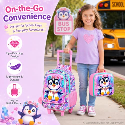 3Pcs Rolling Backpack for Girls, Kids Roller School Backpack with Wheels, Penguin Wheeled Bookbag for Elementary Preschool Kindergarten(Pink) - color: Penguin Pink