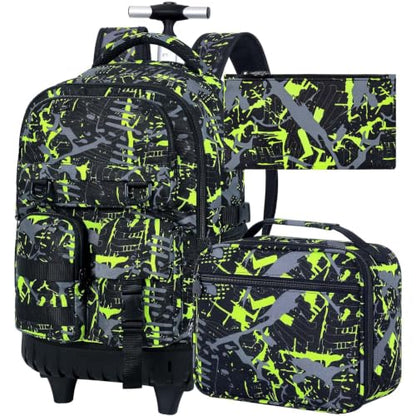 CCJPX 3Pcs Rolling Backpack for Boys, Roller Wheeled School Bookbag, Graffiti Wheels Backpacks with Lunch Box for Kids (Green) - color: Graffiti Green