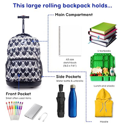 J World Sunrise Rolling Backpack. Roller Bag with Wheels, Heart Dot - color: Heart Dot