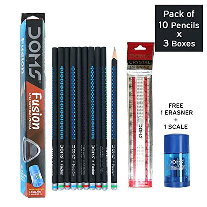 Doms Fusion Xtra Super Dark Pencil Box Pack | Dark & Neat Writing Which Stays Longer | Smooth Sharpning & With Soft & Comfortable Grip | Free Scale & Erasner Inside | Pack of 30 Pencils
