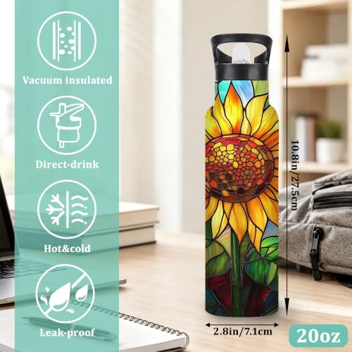 Insulated Water Bottle,Stained Glass 20 oz Stainless Steel Water Bottles with Straw Lid,Sunflower Colorful Leak Resistant Double Insulated Flask with Handle,Fits Cup Holder,Keeps Drinks Cold - color: Stained Glass,Sunflower Colorful