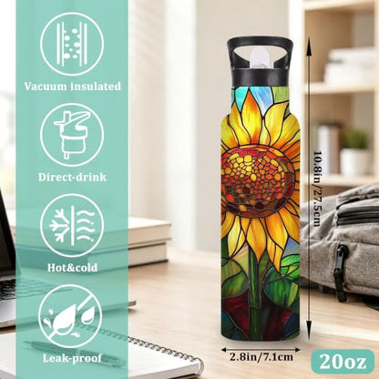 Insulated Water Bottle,Stained Glass 20 oz Stainless Steel Water Bottles with Straw Lid,Sunflower Colorful Leak Resistant Double Insulated Flask with Handle,Fits Cup Holder,Keeps Drinks Cold - color: Stained Glass,Sunflower Colorful