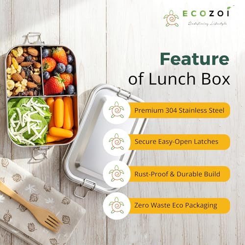 ecozoi Stainless Steel Lunch Box for Kids and Adults with 50 ml Sauce Container, 1-Tier Metal Bento Box Leak Proof with 5 Compartments, 50 Oz Metal Lunch Container, Meal Prep Food Container, - size: 3 Compartment 24 Oz