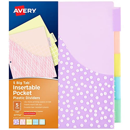 Avery Dividers for 3 Ring Binders, 5 Tab Plastic Binder Dividers, Pockets, Insertable Big Tabs, Pastel Classic Designs, Expands Beyond Sheet Protectors, 1 Set (07714) - size: 5 tab, style: 1 Set