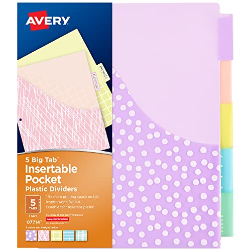 Avery Dividers for 3 Ring Binders, 5 Tab Plastic Binder Dividers, Pockets, Insertable Big Tabs, Pastel Classic Designs, Expands Beyond Sheet Protectors, 1 Set (07714) - size: 5 tab, style: 1 Set