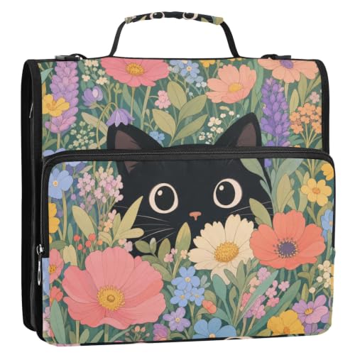 Cat Floral Zipper 3 Ring Binder Bag with Shoulder Strap for School | 2 Inch 3 Ring, Secure Zippered Closure, Organizer Pockets for Classification, Heavy Duty File Organizer - color: Cat Floral Black