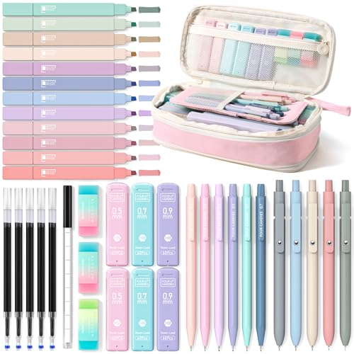 Four Candies School Supplies with Cute Pen Case, 39ct, Pink | Back to School Stationery Set, Essentials for College & Nursing Students, 5 Gel Pens, 6 Mechanical Pencils, 12 Highlighters - color: Pink, size: 39 Count (Pack of 1)