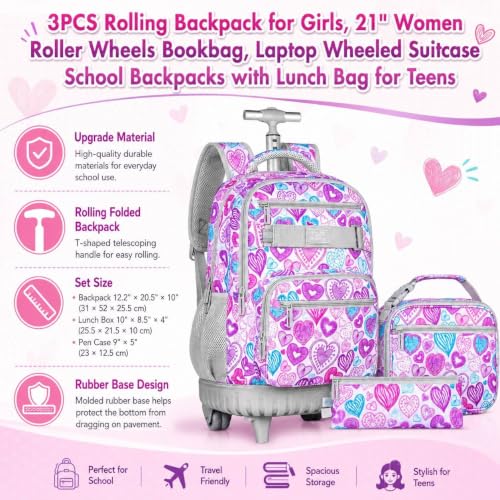 3Pcs Rolling Backpack for Girls Women, Travel Roller Backpacks with Wheels for Adults, Teens College Love Wheeled Bookbag with Lunch Box(Ash Powder) - color: Love Grey