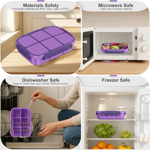 Amathley Lunch Box Kids Girls Boys,Bento Box Adult,Toddler Lunch Containers for School,Leakproof Snack Containers with 6 Compartments,Sauce Container,10 Food Picks and 4 Muffin Cups (Purple) - color: Purple