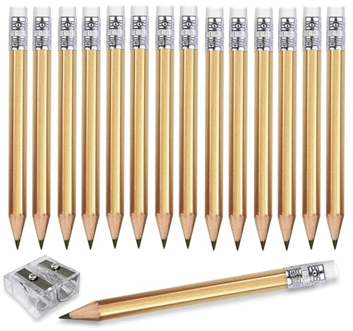 Adhere 25pcs Golf Pencils with eraser Hexagon Wooden Pencils Graphite 2B for Golf Event Scoring,Classroom,Wedding,Company Meetings,Pew, Pocket (Gold) - color: Gold
