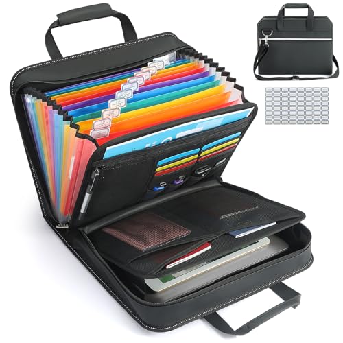 SEEKIND PU Leather Accordion File Organizer with Handle & Strap，12 Pockets Expanding File Folder with Zipper & Labels，Portable Document Organizer File for Letter A4 Files - size: PU Leather-Black-12 Pockets with Strap