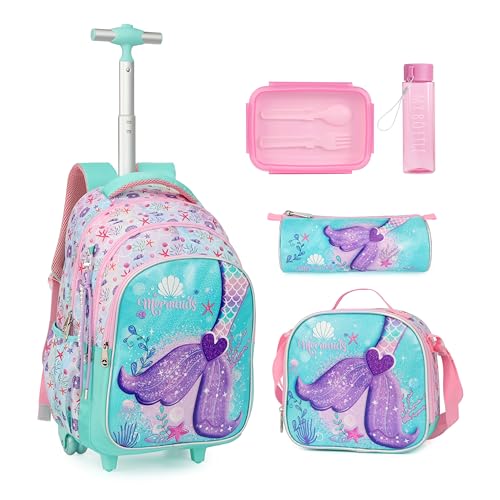 Cartoon Rolling Backpack for Boys Girls, Kids 5 Pcs Wheeled Backpack, Travel Backpack for Elementary Students (Mermaid Green) - color: Mermaid Green