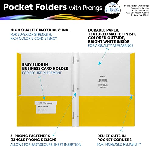 FILE-EZ Two-Pocket Folders with 3-Prong Fasteners, Yellow Color, 25-Pack, Durable Textured Paper, Matte Finish, Letter Sheet Size (EZ-92570) - color: Yellow
