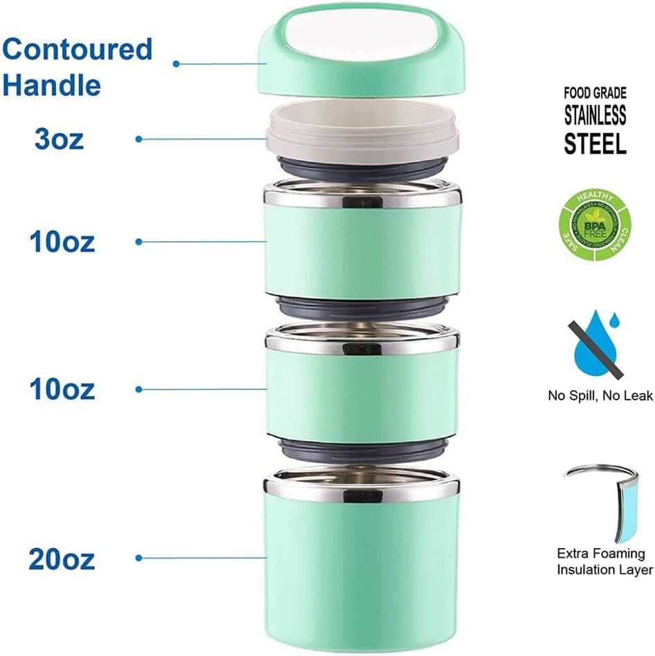 Lille Home Stackable Stainless Steel Thermal Compartment Lunch/Snack Box, 3-Tier Insulated Bento/Food Container with Lunch Bag, Utensils Set and Three Extra Seals, 43OZ (Green with Utensils) - color: Green with Utensils