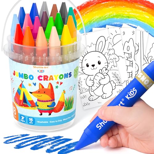 Shuttle Art Jumbo Crayons for Toddlers, 18 Colors Triangle Crayons with Coloring Sheets & PDF Pages, Non Toxic Washable for kids, Coloring Gifts & Mess-Free Art Supplies