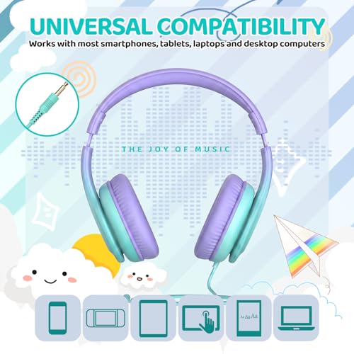 JoySpark Kids Headphones, Over-Ear Wired Headphones for Kids, 85dBA Volume Limited, Foldable Stereo Sound Toddler Headsets, 3.5mm Jack for School Entertainment, Gradient Purple - color: Gradient Purple