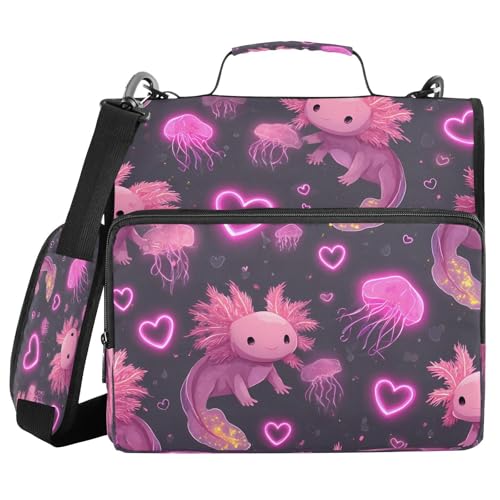 ALAZA Zipper Binder 3 Ring Glowing Love Heart Axolotl Binder Organizer with Zipper and Shoulder Strap Large Capacity Multi-Pocket Trapper Keeper File Folder for Office Supplies - color: Multicolored 22