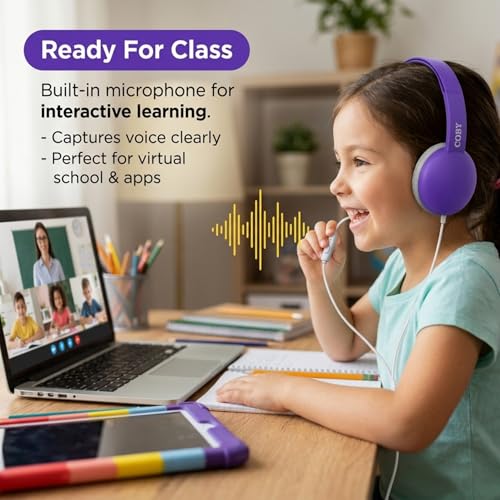 Coby Wired Kids’ Headphones, Over-Ear Headphones with 3.5-Millimeter Jack and Soft Cushions for School, Learning, and Travel, 85 dB Volume Limit, Built-in Microphone, Adjustable Headband, Pink - color: Purple