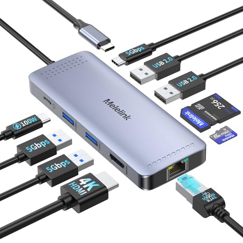 Melelink USB C Hub Ethernet, 10 in 1 USB-C to HDMI Adapter 4K@60Hz with Gigabit Ethernet, 100W PD, USB-A&C Data Ports and SD/TF Slot, USBC Dock MultiPort Dongle for MacBook, Dell, HP, Lenovo, etc - color: Gray 10 Port USB C Docking Station