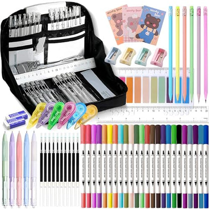 Ristpal 56 PCS Aesthetic School Supplies with Large Pencil Case, 24 Double Brush Marker Pens, 5 Black Ink Gel Pens, 6 Macaron Pencils, 4 Sharpeners, Sticky Notes, Ruler, Erasers, Stationery Gift - color: Black