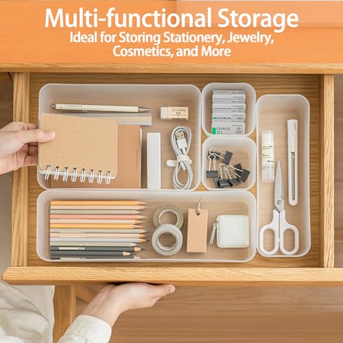 5PCS Frosted Plastic Drawer Organizers Set, 4 Sizes Desk Drawer Divider Organizers and Storage Bins Separation Box for Makeup, Jewelries, Gadgets, Bathroom, Kitchen, Office, Bedroom, Dresser