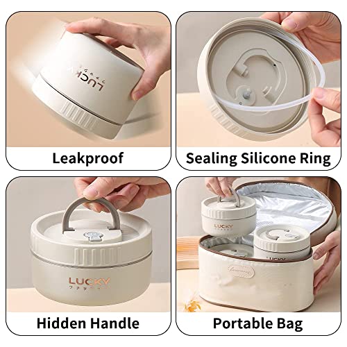 Portable Insulated Lunch Containers, Stainless Steel Bento Box Adult Lunch Box with Insulated Lunch Bag, 4 Separate Stackable Lunch Container for Adult, White… - color: 4 Tier (2L+2S)-Beige